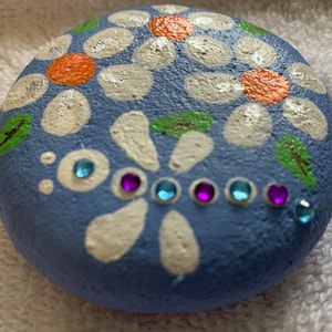 Dragonfly and Flowers Painted Rock