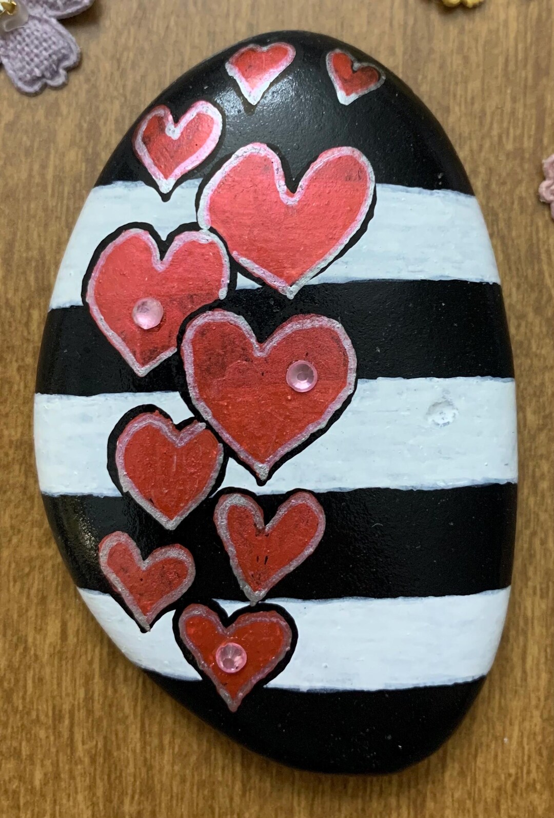 Embellished Red and Pink Hearts on Black and White Painted Love Rock - Etsy