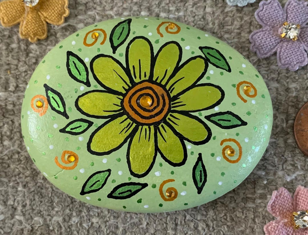Green and Gold Bejeweled Floral Painted Rock - Etsy