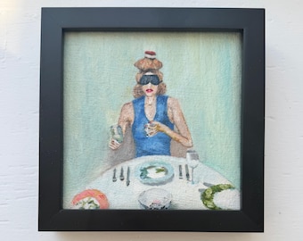 Sunday Dinner – Original Oil Painting, Framed Painting,Canvas Art, Figurative Painting, Female Portrait, Surreal Domestic Scene