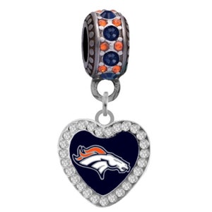 DENVER BRONCOS CRYSTAL Heart Charm Compatible with Pandora Style Bracelets. Can also be worn as a necklace (Included.)