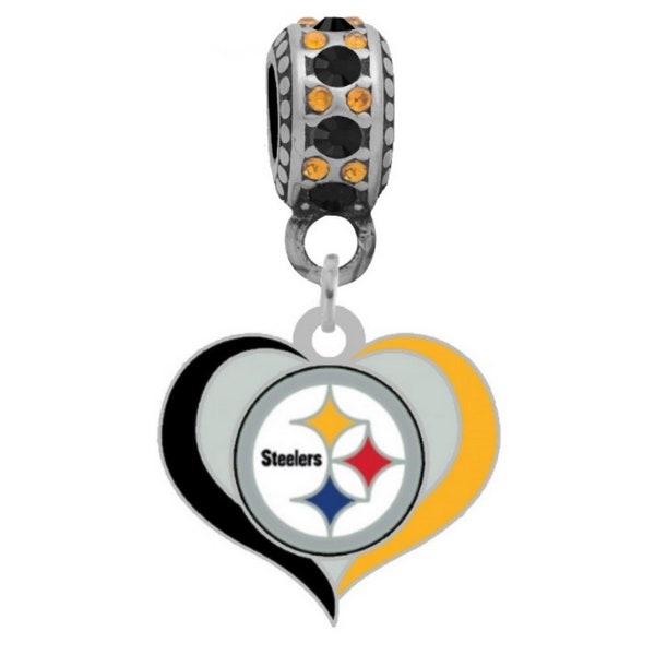 PITTSBURGH STEELERS SWIRL Heart Charm Compatible With Pandora Style Bracelets. Can also be worn as a necklace (Included.)