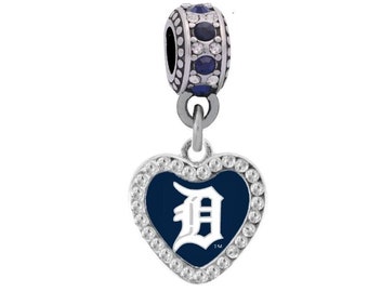 DETROIT TIGERS Crystal Heart Charm Compatible With Pandora Style Bracelets. Can also be worn as a necklace (Included.)