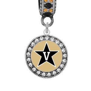 May include: A silver charm with a black star and a white "V" in the center. The star is on a gold background and the charm is surrounded by clear crystals.