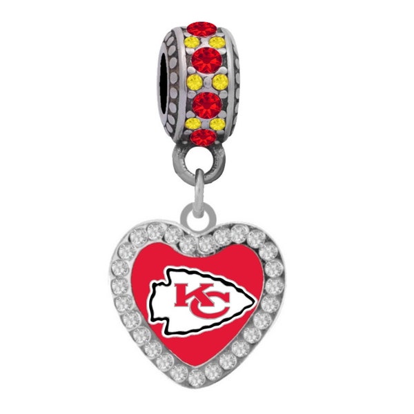 KANSAS CITY CHIEFS Crystal Heart Charm Compatible With Pandora Style Bracelets. Can also be worn as a necklace (Included.)