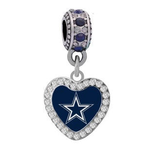 DALLAS COWBOYS CRYSTAL Heart Charm Compatible with Pandora Style Bracelets.