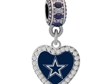 DALLAS COWBOYS CRYSTAL Heart Charm Compatible with Pandora Style Bracelets. Can also be worn as a necklace (Included.)