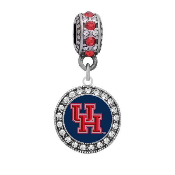 UNIVERSITY of HOUSTON BLUE Crystal Button Charm Fits Large Hole European Style Bracelets