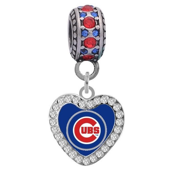 CHICAGO CUBS Crystal Heart Charm Compatible With Pandora Style Bracelets. Can also be worn as a necklace (Included.)