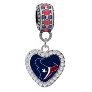 HOUSTON TEXANS CRYSTAL Heart Charm Compatible with Pandora Style Bracelets. Can also be worn as a necklace (Included.)
