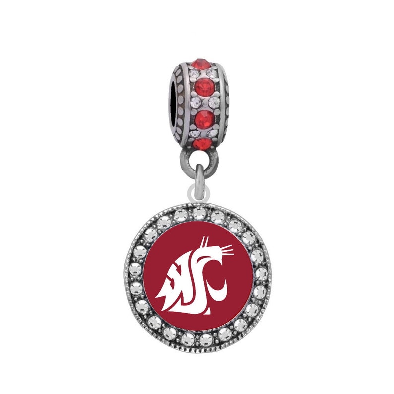 May include: A silver charm featuring a red and white Washington State Cougars logo. The charm is surrounded by clear crystals and has a red crystal bead at the top.