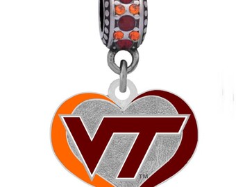 VIRGINIA TECH Swirl Heart Charm Compatible With Pandora Style Bracelets