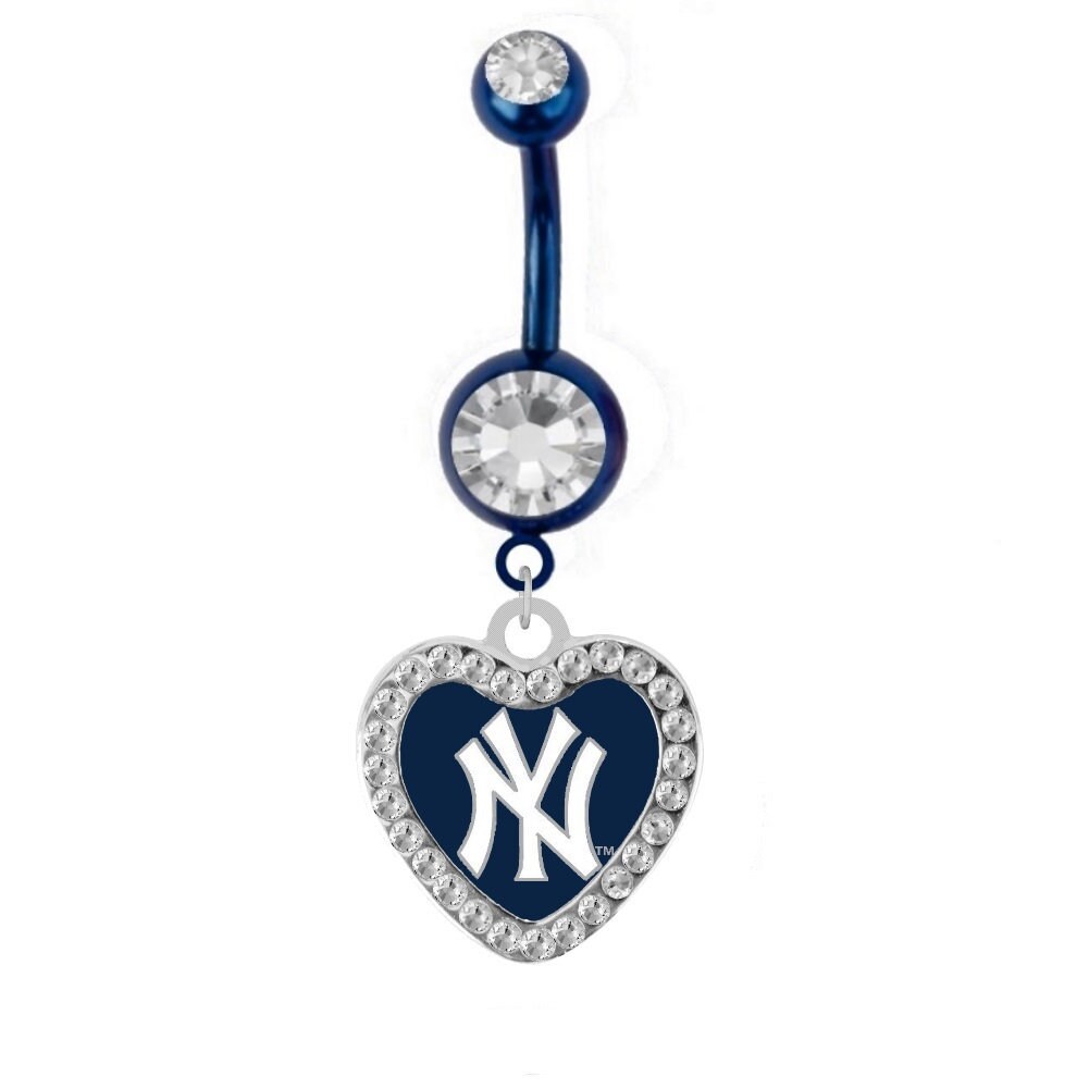 Yankees Crystal Heart Belly Ring Blue