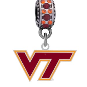 May include: A silver charm with a red and gold VT logo. The charm has a silver bead with orange and red rhinestones.
