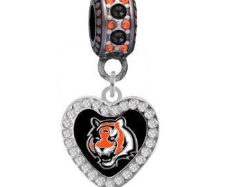 CICINNATI BENGALS CRYSTAL Heart Charm Compatible with Pandora Style Bracelets.