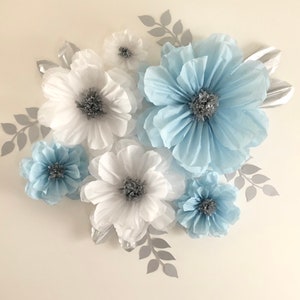 6 XL, S, Light blue tissue paper flowers, blue, white, silver, dusty blue,  wedding backdrop, wall decorations, wedding flowers