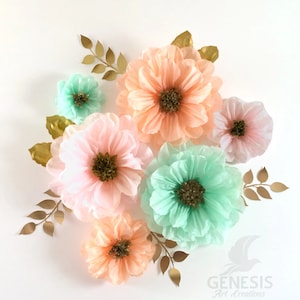 6 tissue paper flowers, L, M, Small, Mint, light pink, peach and gold wedding backdrop, wedding decorations