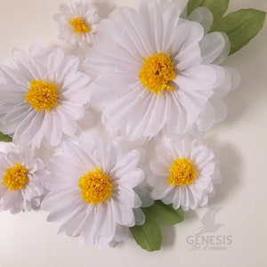 May include: A cluster of white paper daisies with yellow centers. The daisies are arranged in a bouquet with green leaves.