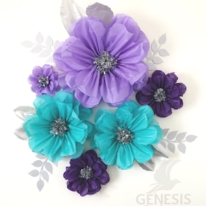 6 giant, large, M, S, tissue paper flowers, lavender blue, purple wedding backdrop, wall decorations, mermaid party, under the sea party