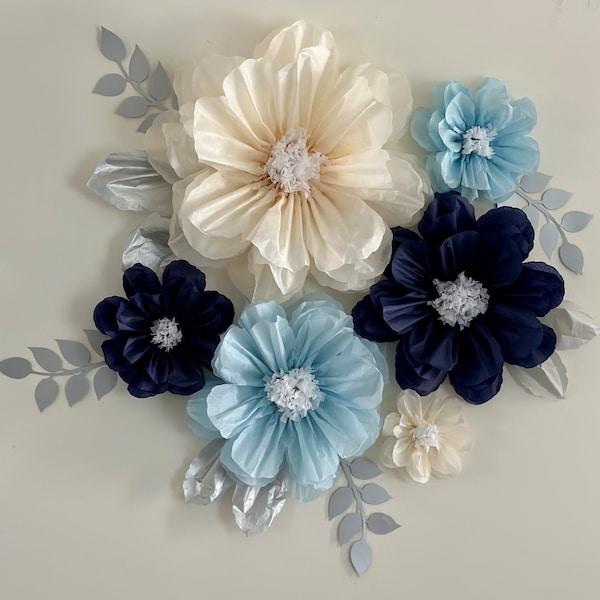 6 giant, Large, Med, Sm, tissue paper flowers, Navy, light blue, cream and silver,  floral backdrop, wall decorations, wedding flowers