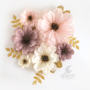6 giant, large, M, S, tissue paper flowers, mauve, blush, cream and gold,  wedding backdrop, wall decorations, wedding flowers