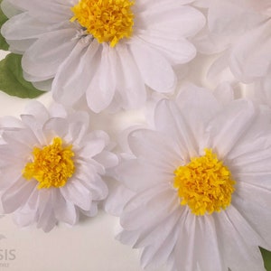 May include: Four white tissue paper daisies with yellow centers. The daisies are arranged on a white background.