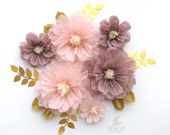 Conjunto de flores de papel de seda color rubor: decoración de boda en tonos malva, crema y dorado