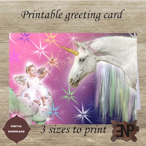 Carte de correspondance imprimable en téléchargement numérique instantané Licorne et fée - 3 tailles de carte incluses dans des fichiers JPG
