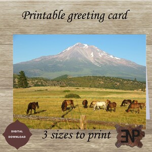 Carte de correspondance imprimable Mount Shasta Horse Herd en téléchargement numérique instantané - 3 tailles de carte incluses dans les fichiers JPG
