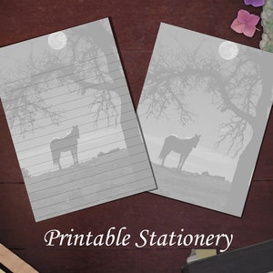 Papelería imprimible con silueta de caballo a la luz de la luna, descarga digital instantánea, papelería rayada y sin raya, tamaño A4 y tamaño Carta de EE. UU.