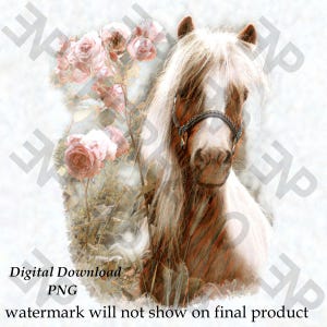 Poney en roses imprimable en téléchargement numérique pour art mural, cartes ou création par sublimation 300 dpi/ppi