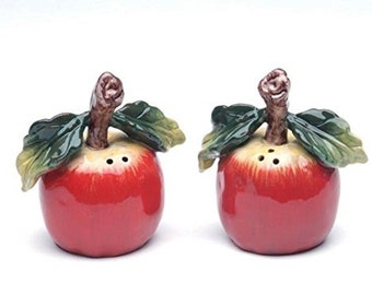 Red Apple with Stem and Leaf Ceramic Salt and Pepper Shakers Set