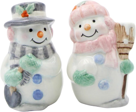 Pink and Gray Snowmen Friends Salt and Pepper Shakers by Cosmos 