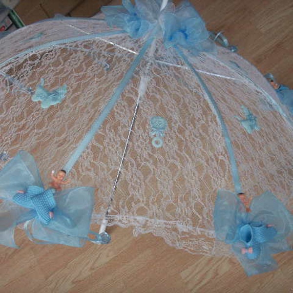 32" White Lace baby shower umbrella Pink or Blue booties & pacifiers