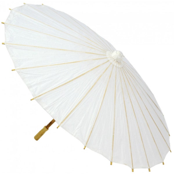 32" White Nylon waterproof bamboo Oriental look umbrella parasol with straight wood handle