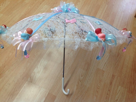 32" White Lace baby shower umbrella Pink babies & pins 