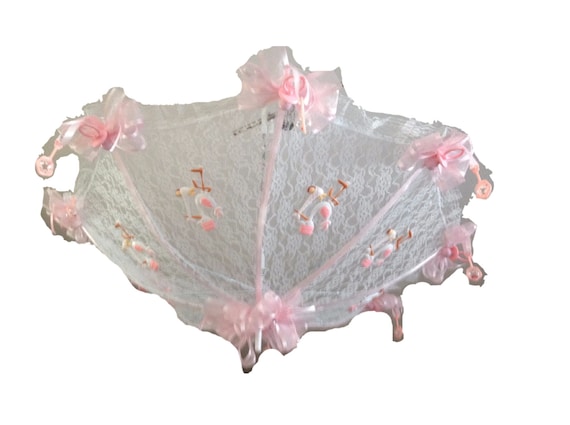 36" Personalized White Lace baby shower umbrella Pink ribbons rattles pacifiers 