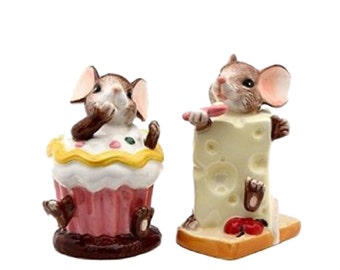 Mouse Mice in cupcake and  Cheese Salt and Pepper Kitchen Shakers 4" tall