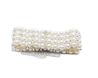 White pearls Silver Rhinestone Stretch Band Corsage Wristlet Formal Prom Favors wedding graduation