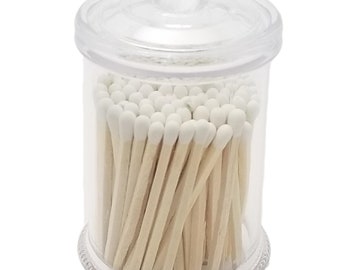 100 wooden safety matches in a clear acrylic plastic canister with cover and striker on bottom 2.25 inches tall