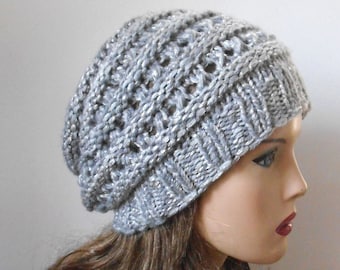 Light Gray Chunky Wool Hat. Slouchy Hat. Hand Knitted Hat. Winter Women Hat.