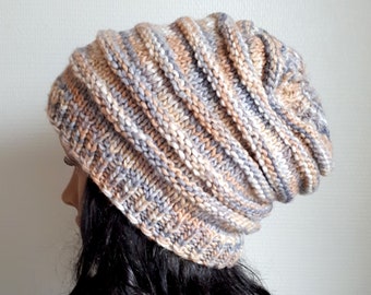 Gorro holgado de lana tejido a mano, gorro grueso de invierno en tonos pastel