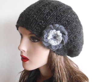 Hand-Knitted Dark Gray Wool Hat with Flower Accent