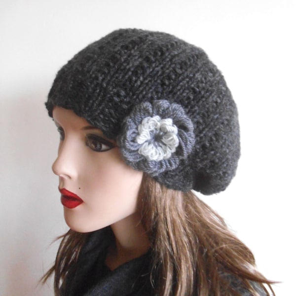 Dark Gray Wool hat with flower. Hand knitted hat. Beautiful Female Hat . Slouchy Hat.