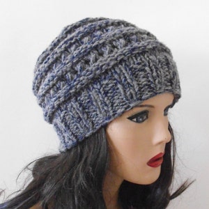 Grey Chunky Wool Hat. Slouchy Hat. Hand Knitted Hat. Winter Women Hat.