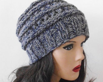 Grey Chunky Wool Slouchy Hat, Hand-Knitted Winter Beanie