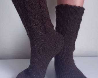 Men's Wool Socks In Color Dark Brown. Pure Sheep Wool Yarn. Soft and Comfy. Hand Knitted Wool Socks.