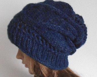 Winter Women Wool Hat. Dark Blue Hand Knited Hat . Slouchy Beanie Hat.