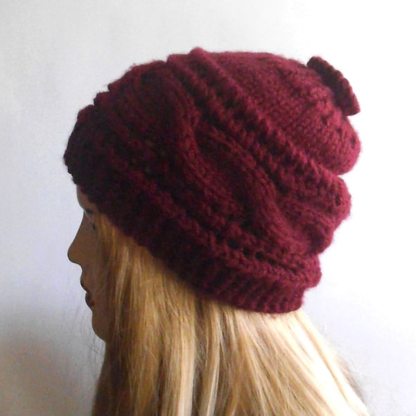 Hand Knit Hat Burgundy Red. Wool Hat. Winter Women Hat.