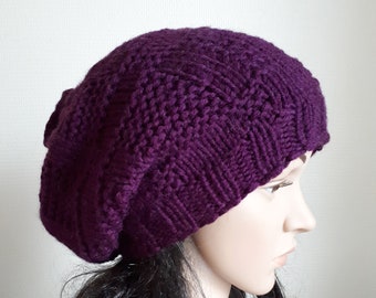 Purple Beanie Wool Hat. Slouchy Hat. Hand Knit Hat. Winter Woman Hat.